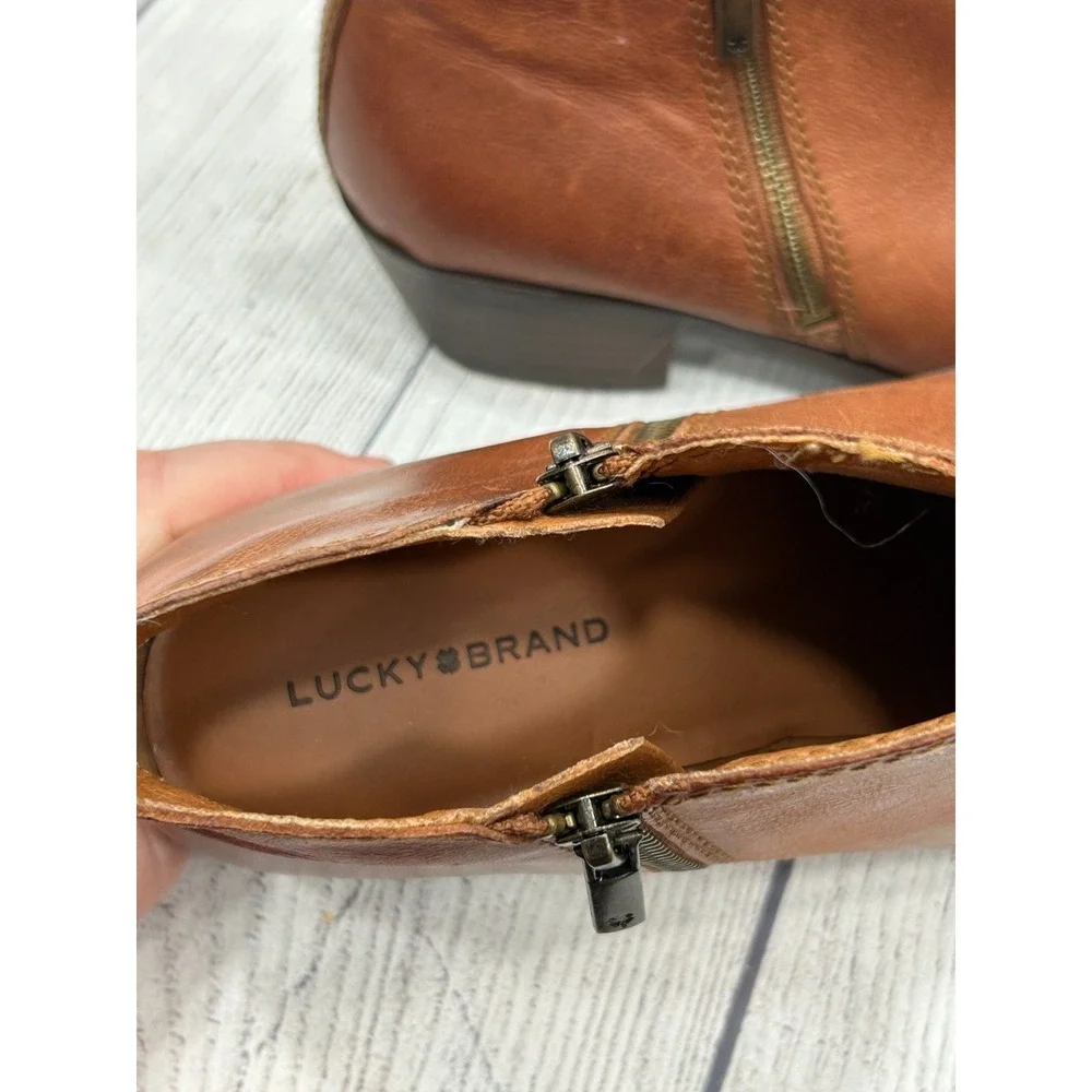 Lucky Brand Basel Ankle Boots Womens 10M Brown Leather Side Zip‎ Block Heel
